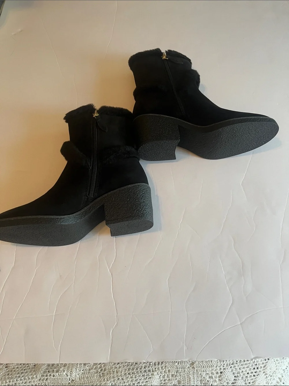 Talbots Black Suede Fur-Trim Winter Ankle Boots size 7